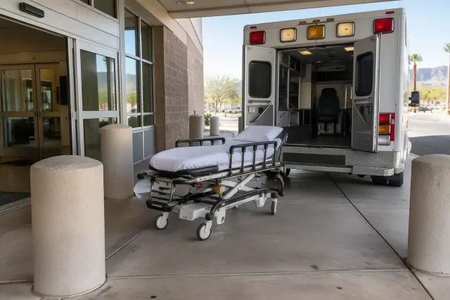 Medical appointment transportation for stretcher and gurney at a hospital loading bay in Mesa, AZ.