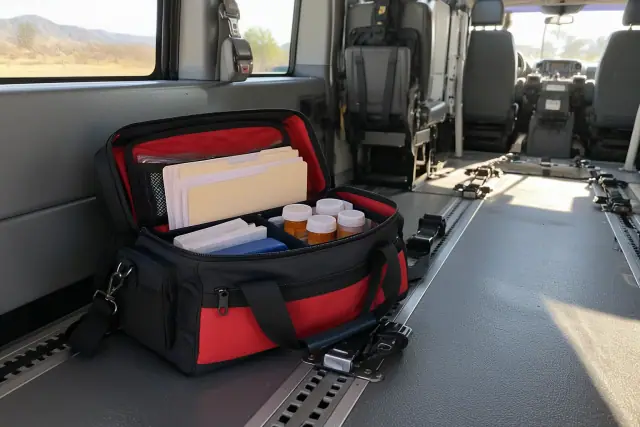 Medical transport bag with documents and medications on a vehicle floor track in Mesa, AZ.