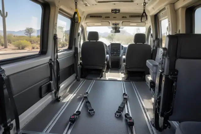 Interior of a medical transport van with wheelchair securement straps in Mesa, AZ.