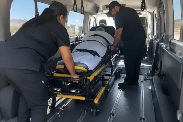 Two transfer attendants securing an NEMT stretcher inside a transport van in Mesa, AZ.