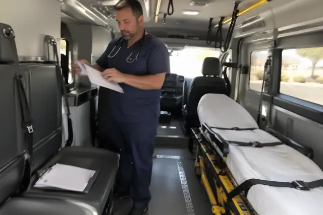 Physician reviewing transport documentation inside an ambulance in Mesa, AZ.