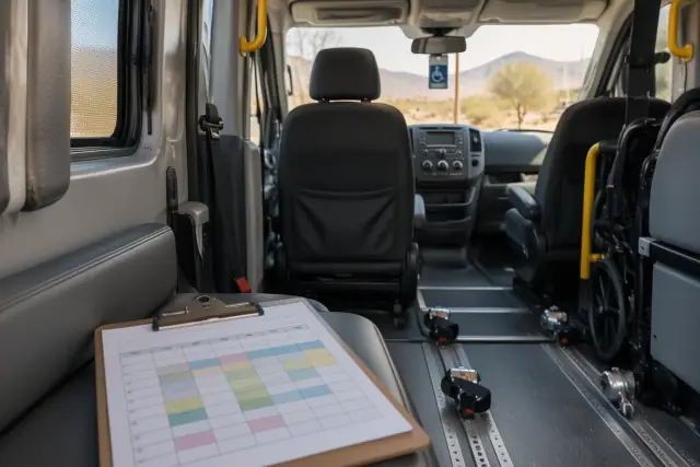 Weekly calendar schedule clipboard inside a transport van interior in Mesa, AZ.