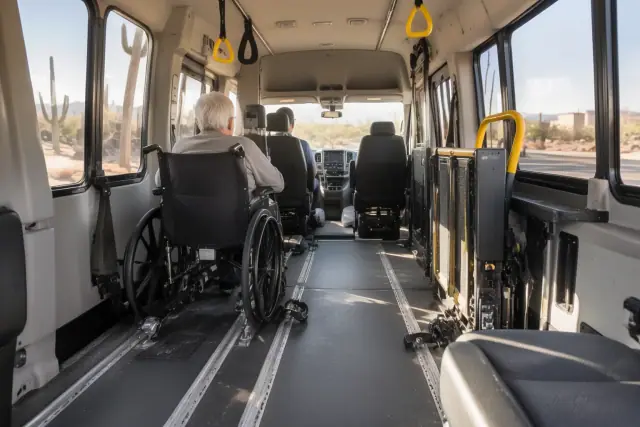 Interior cabin of a medical transport van with secure floor tracks and overhead grab handles in Mesa, AZ.