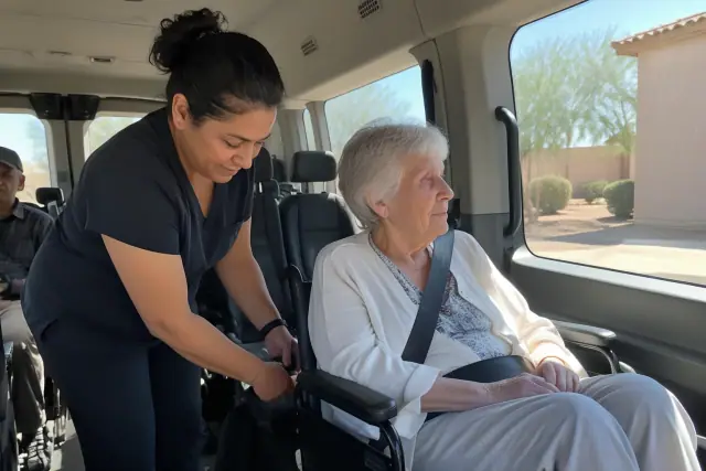 Senior and cognitive support during medical transport in a van interior in Mesa, AZ.