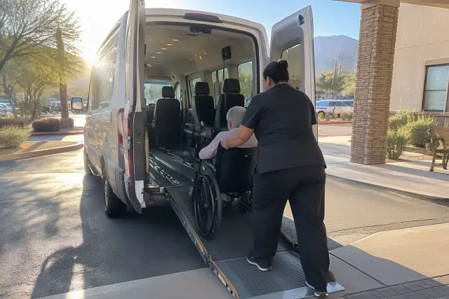 Senior medical transportation vehicle with wheelchair securement tracks and ramps in Mesa, AZ.