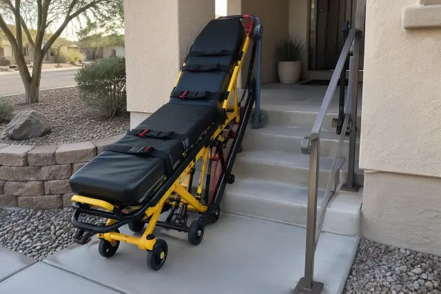 Stair chair access assistance for stretcher transport on a residential porch in Mesa, AZ.