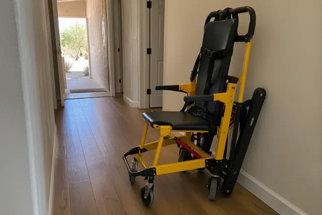 Stair chair assistance in a Mesa, AZ hallway with hardwood flooring and desert daylight.