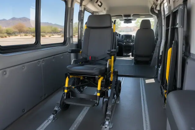 Stair chair secured to floor tracks inside a transport van in Mesa, AZ.