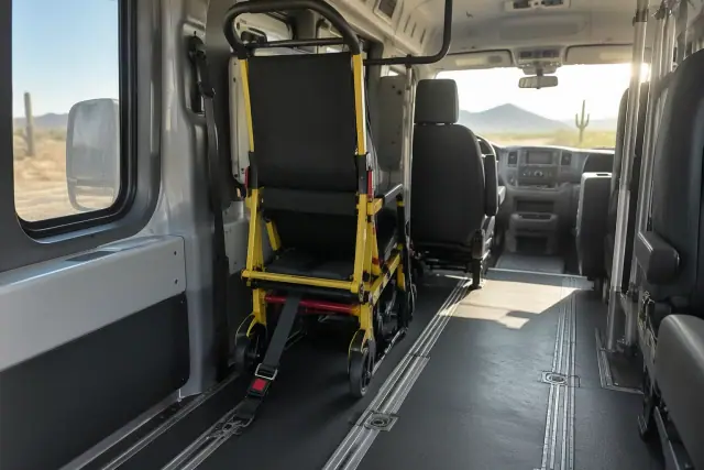 Stair chair secured inside a medical transport van cabin in Apache Junction, AZ.