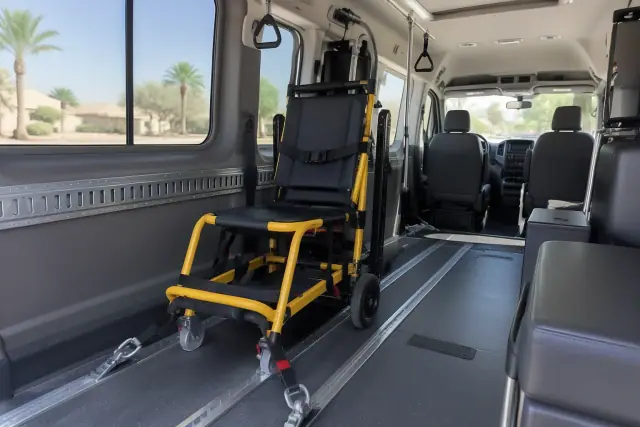 Stair chair transportation inside a transport van in Mesa, AZ.
