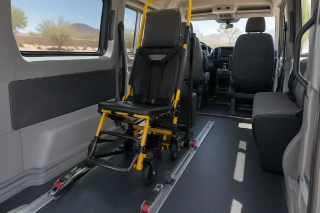 Stair chair transportation inside a transport van in Chandler, AZ.