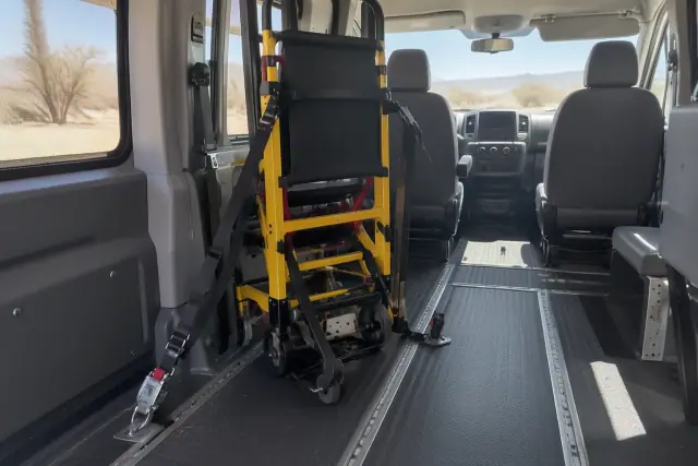 Stair chair transportation secured in a van interior cabin in Mesa, AZ.