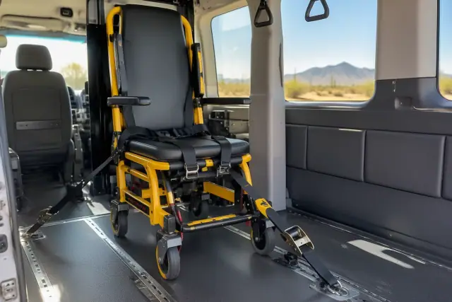 Stair chair secured with straps inside a transport van in Gilbert, AZ.