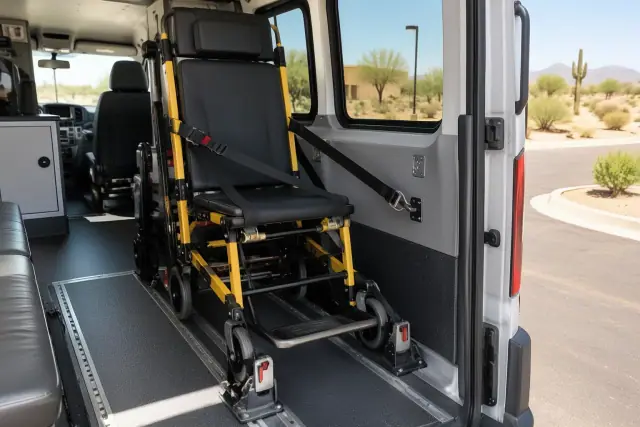 Stair chair transportation secured inside a vehicle in Mesa, AZ.