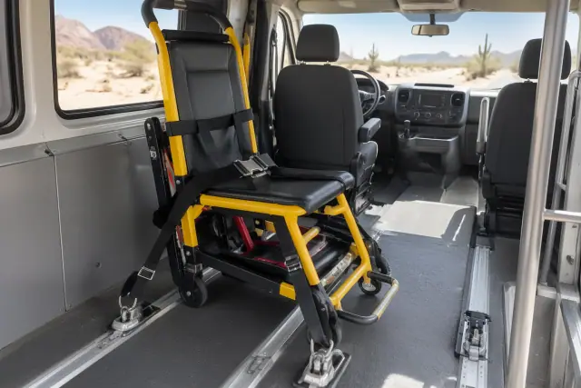 Stair chair transportation secured inside a transport van in Mesa, AZ.