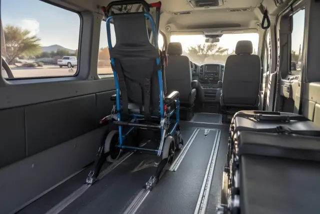 Stair chair medical transport inside a van in San Tan Valley, AZ.