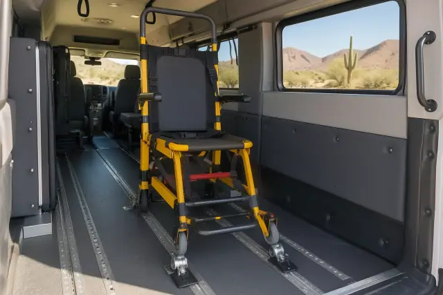Stair chair transportation secured inside a medical transport van in Gold Canyon, AZ.