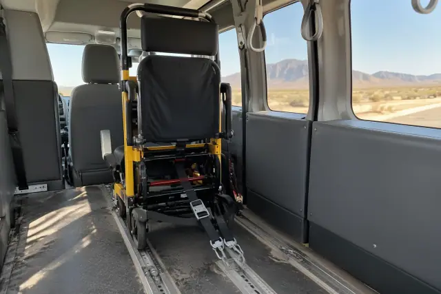Compact folding stair chair secured in a transport van interior in Mesa, AZ.