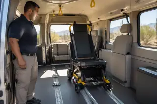 Service professional observing padded transport van interior trim in Mesa, AZ.
