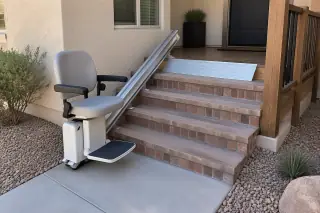 Aluminum threshold ramp on brick steps with stucco exterior walls and desert gravel in Mesa, AZ.
