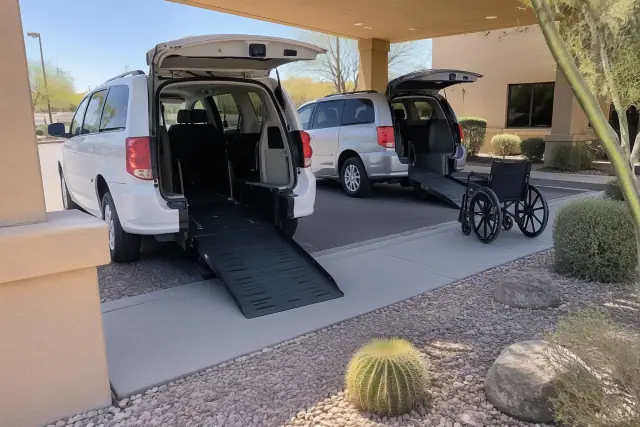 Standard wheelchair vans for dialysis transportation parked at a desert jobsite in Mesa, AZ.