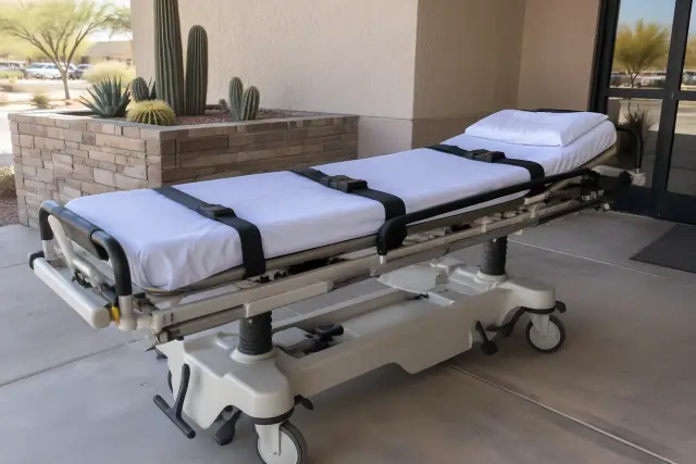 Stretcher and gurney transportation with secure straps and padded mattress in Mesa, AZ.