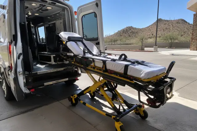 Stretcher and gurney medical transport vehicle loading in Mesa, AZ, with security straps engaged.