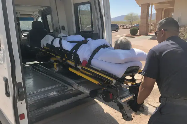 Stretcher and gurney medical transport secured with straps in Mesa, AZ.