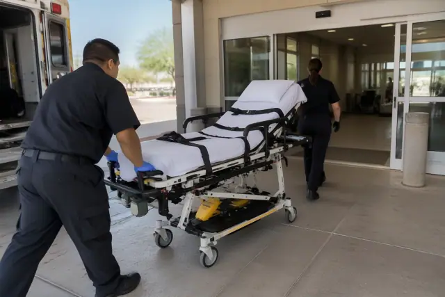 Stretcher and gurney in a concrete ambulance bay during hospital discharge transportation in Mesa, AZ.