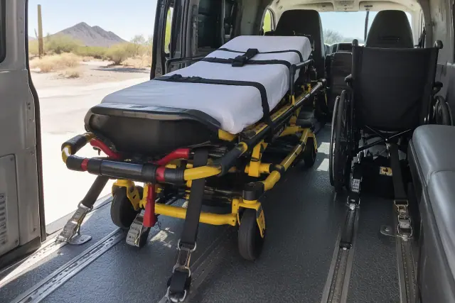 Stretcher and gurney secured inside a transport van in Mesa, AZ.