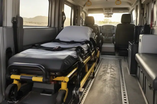 Stretcher and gurney transport van interior with secure floor tracks in Mesa, AZ.