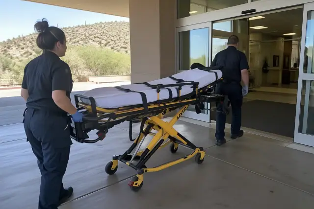 Medical transport stretcher secured at an entrance in Fountain Hills, AZ.