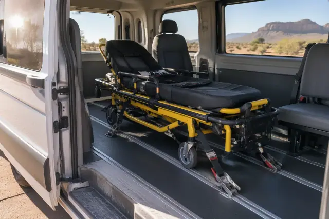 Stretcher and gurney secured in a transport van interior in Mesa, AZ.