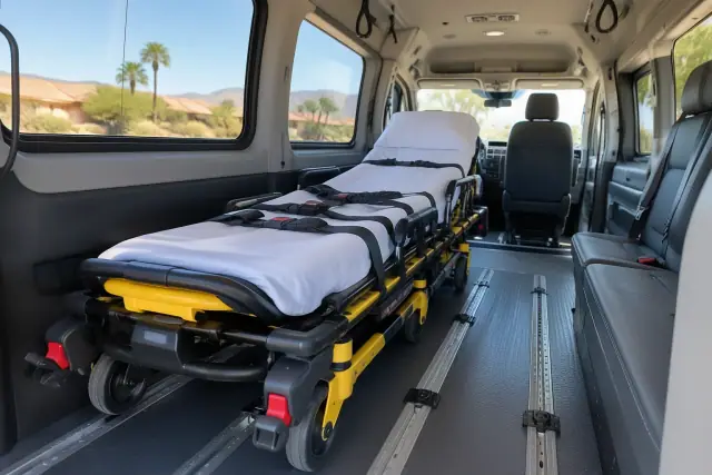 Stretcher securely locked inside a medical transport van cabin in Sun Lakes, AZ.