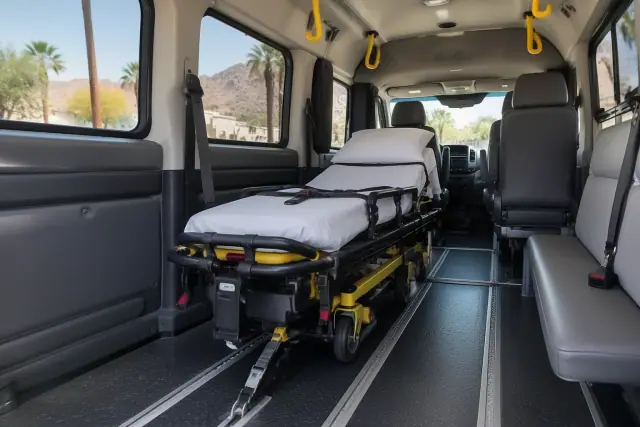 Interior of a medical transport van with a secured stretcher in Scottsdale, AZ.