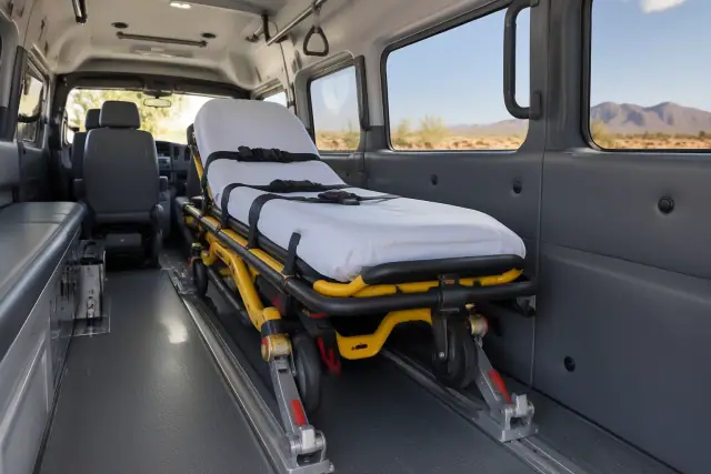 Medical transport stretcher and gurney secured inside a van in Queen Creek, AZ.