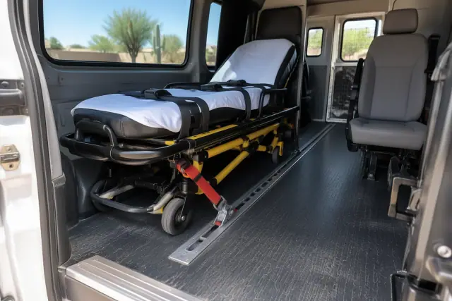 Stretcher and gurney secured inside a transport van in Mesa, AZ.
