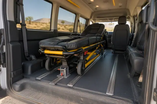 Stretcher van prepared for hospital discharge with a secured chassis base in Mesa, AZ.