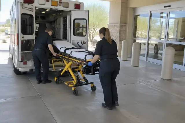 Stretcher vehicle with a cot and two attendants in Mesa, AZ, parked by an ambulance bay.