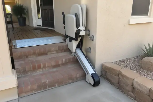 Tracked stair chair mounted on brick steps of a home in Mesa, AZ.