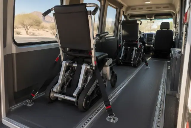 Tracked stair chairs secured inside a transport van in Mesa, AZ.