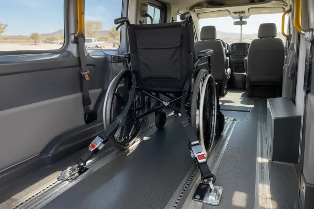 Wheelchair securement system with floor anchors and restraint belts inside a transport van in Mesa, AZ.