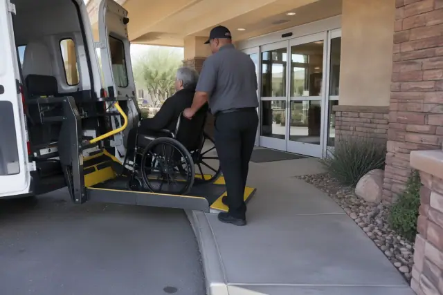 Wheelchair lift boarding for a dialysis ride at a clinic in Mesa, AZ.