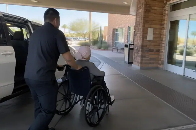 Wheelchair transportation service at a covered drop-off lane with brick walls in Mesa, AZ.