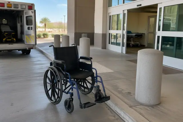 Wheelchair for medical transport at an ambulance bay in Mesa, AZ.