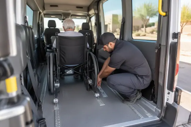 Wheelchair transport van interior with secure floor locking mechanism in Chandler, AZ.