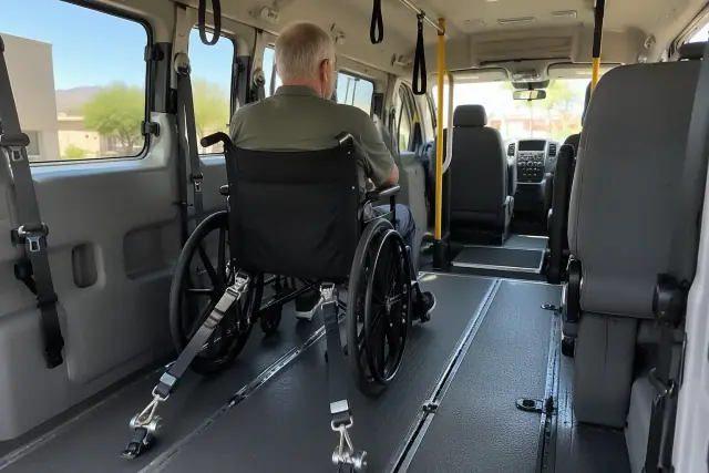 Wheelchair transportation securement straps inside a van cabin in Mesa, AZ.