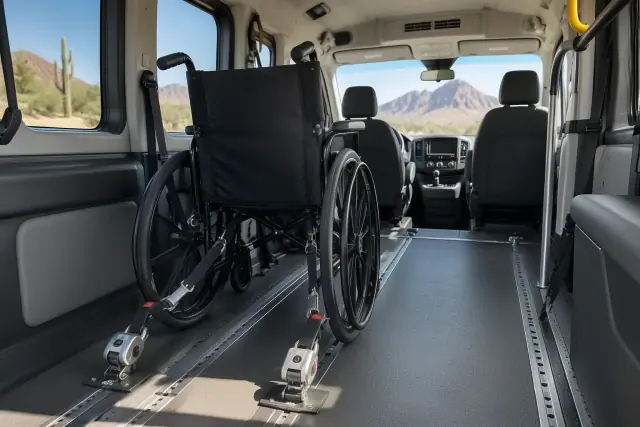Wheelchair transport van interior with floor tracks and restraint straps in Fountain Hills, AZ.