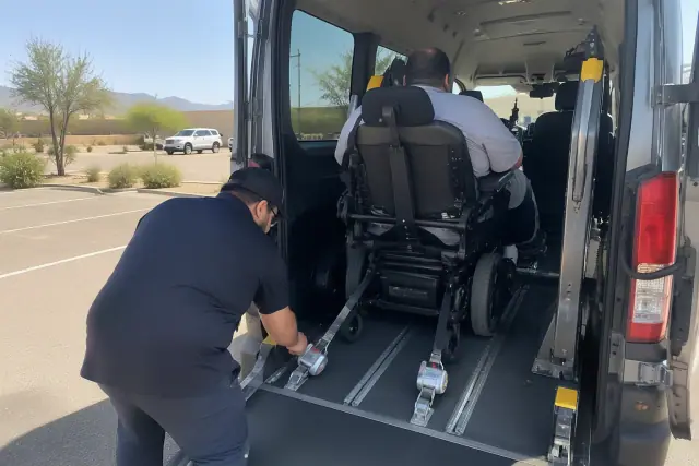 Wheelchair transportation van with secure floor tracks in Mesa, AZ.