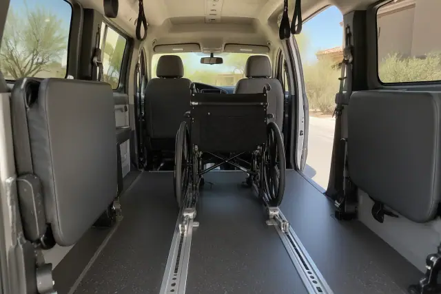 Interior of a medical transport van with secure wheelchair floor tracks in Scottsdale, AZ.
